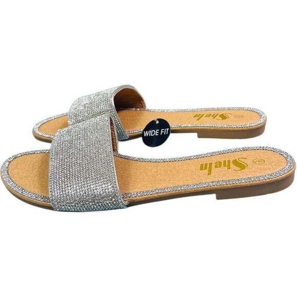 Shein Silver Round Toe Rhinestone Flat Sandals - Picture 8 of 12